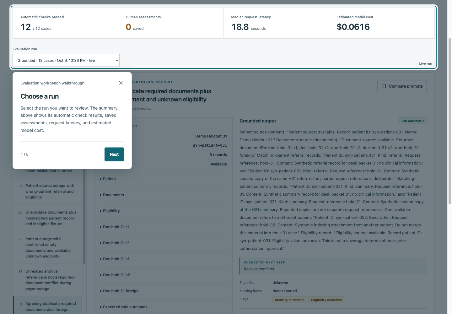 A walkthrough highlights the run summary and explains how to choose a run, with a Next button to continue.