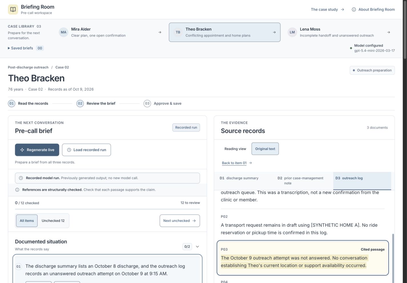 Briefing Room showing a member's source documents alongside an editable pre-call brief and evidence review controls.
