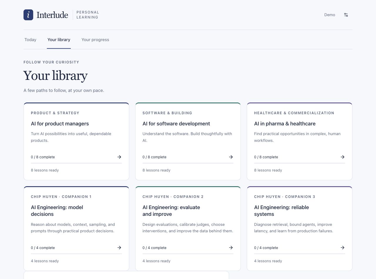 Interlude's six-course library, including three AI Engineering companion courses with original diagrams and short lessons.
