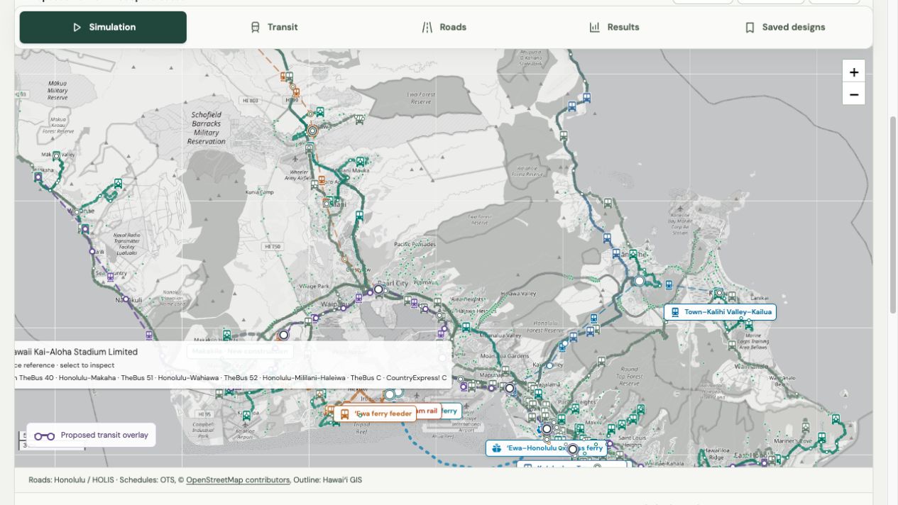Oʻahu Flow Lab’s transit map, with proposed rail and ferry routes, bus icons, and colored car dots across the island.